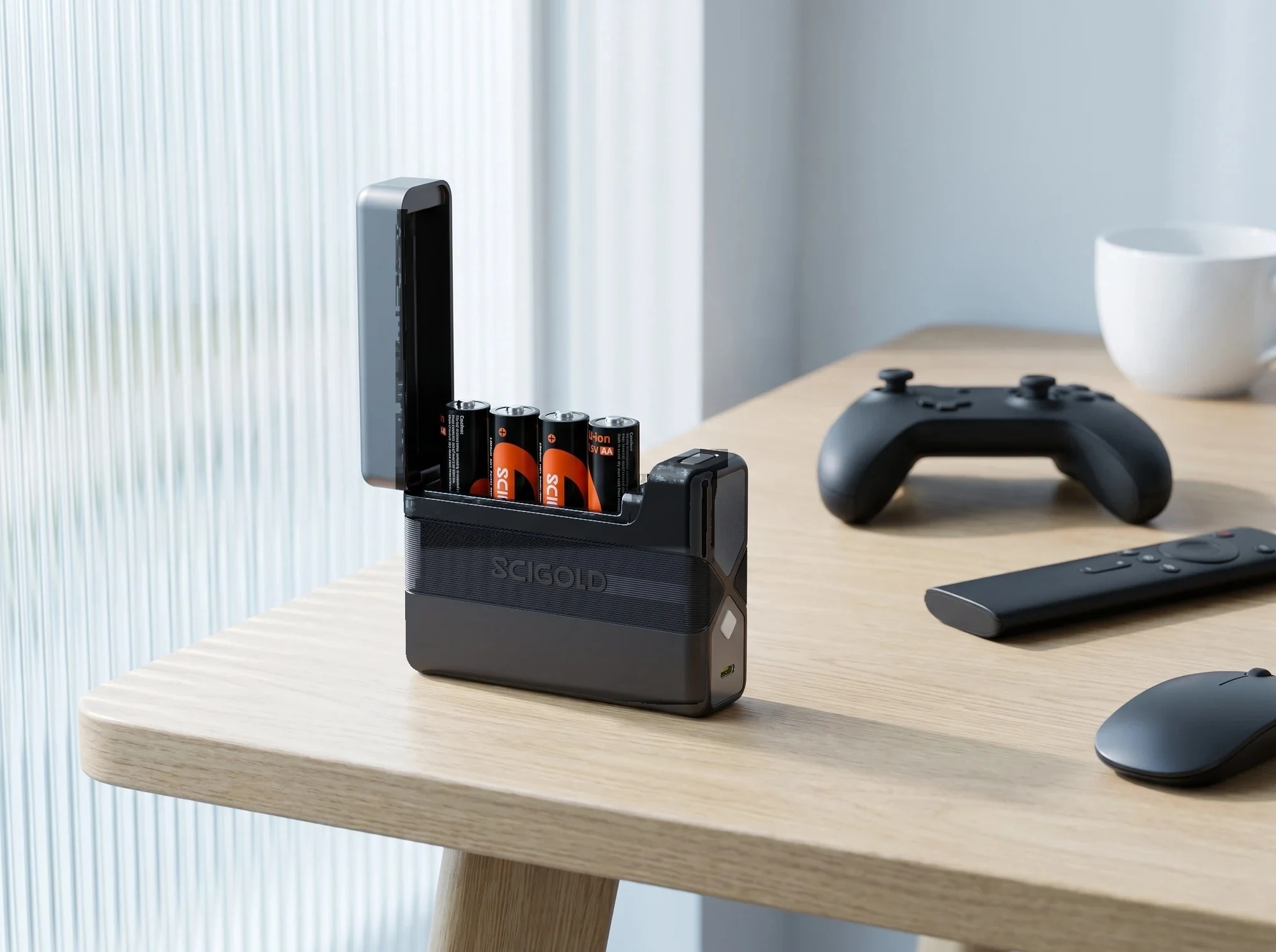 SCIGOLD Pocket Charging Case with four AA Li-ion cells on a desk beside a game controller, a remote and a mouse
