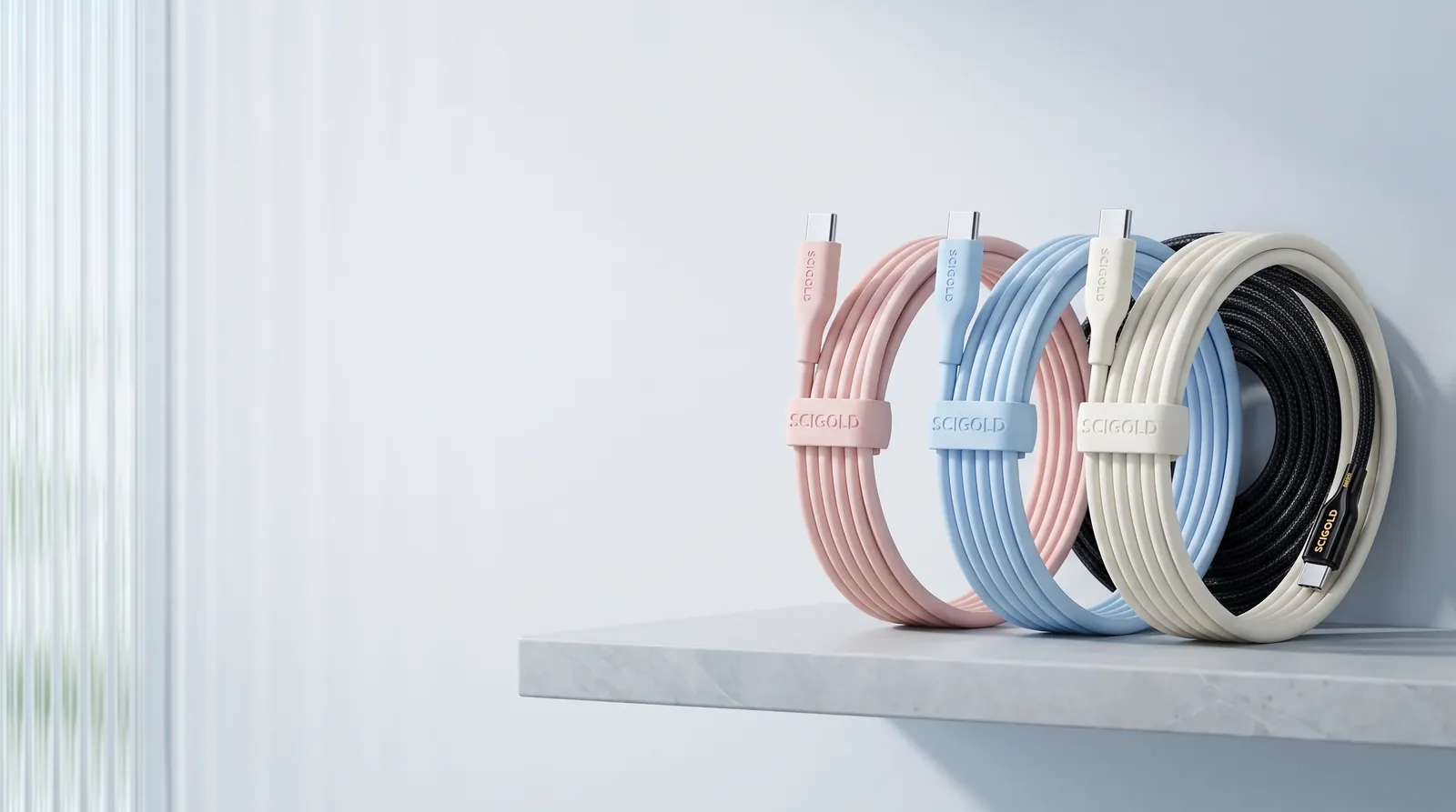 SCIGOLD USB-C cables — soft silicone in cream white, baby blue and nude pink, plus 240W braided nylon