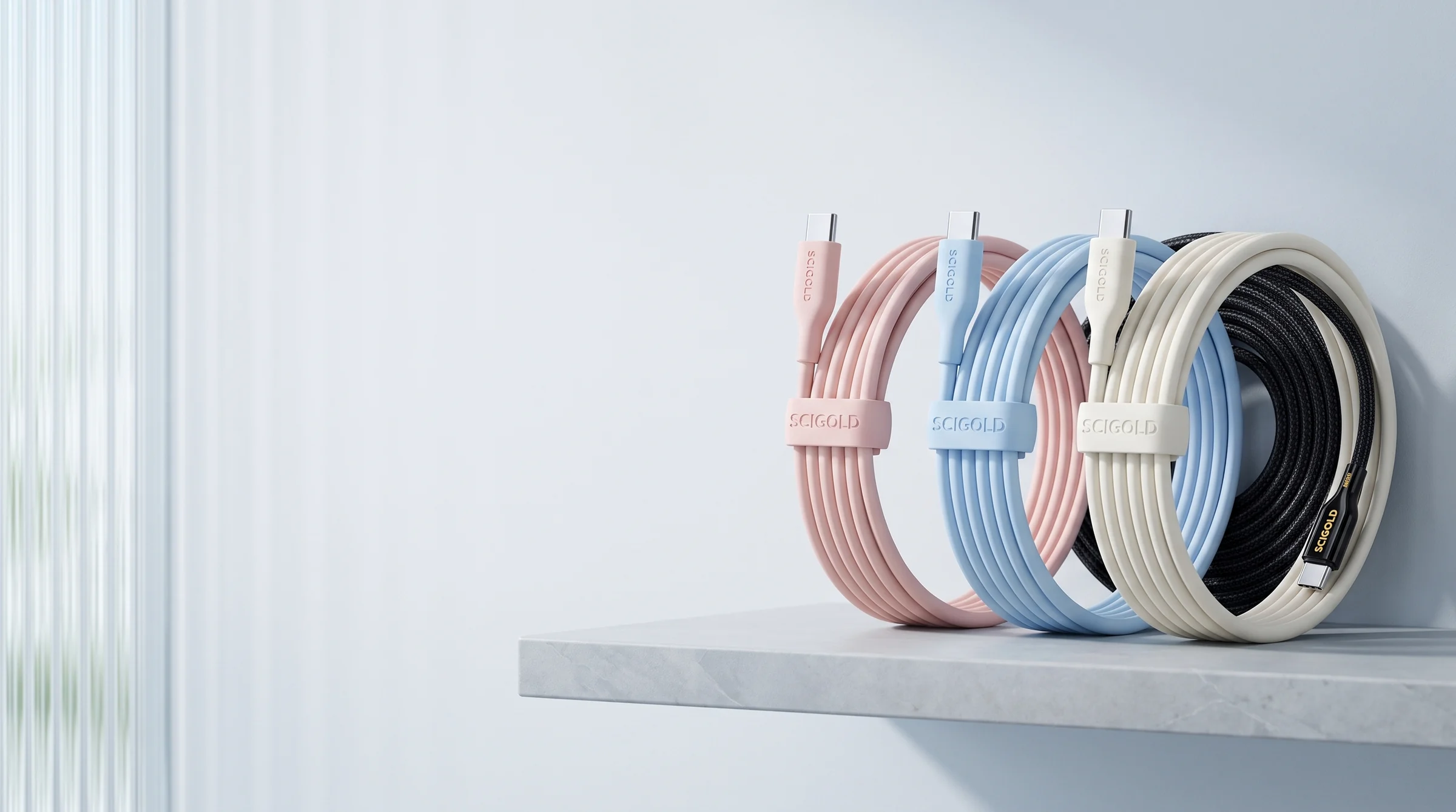 SCIGOLD silicone USB-C cables in Nude Pink, Baby Blue and Cream White on a stone shelf