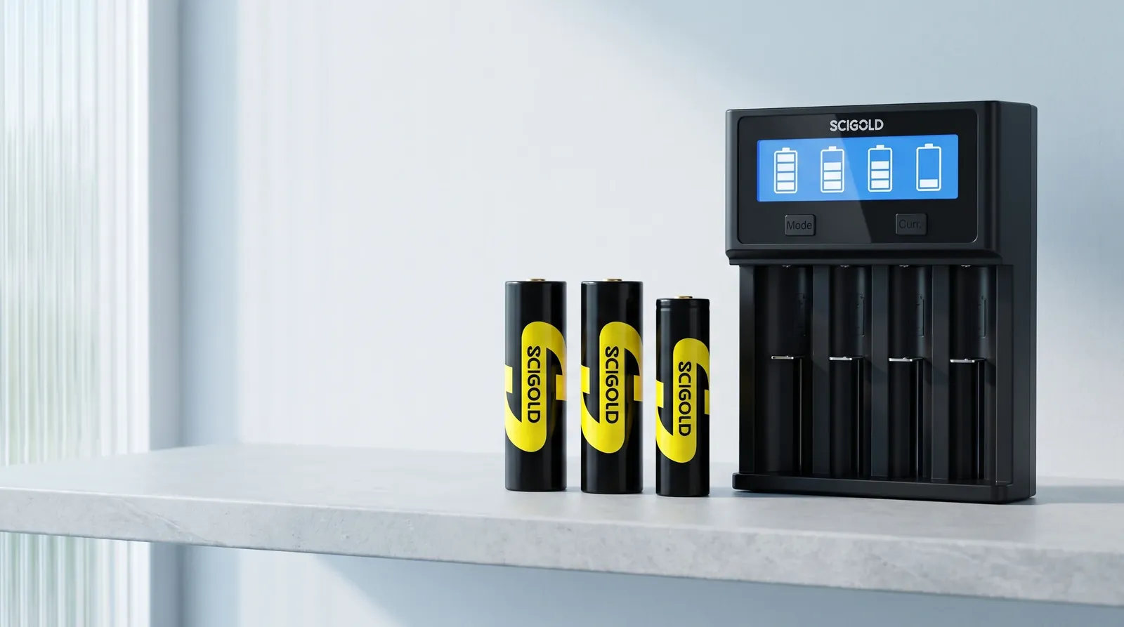 SCIGOLD 18650 and 21700 Li-ion rechargeable cells lineup with the Bench Dock LCD charger