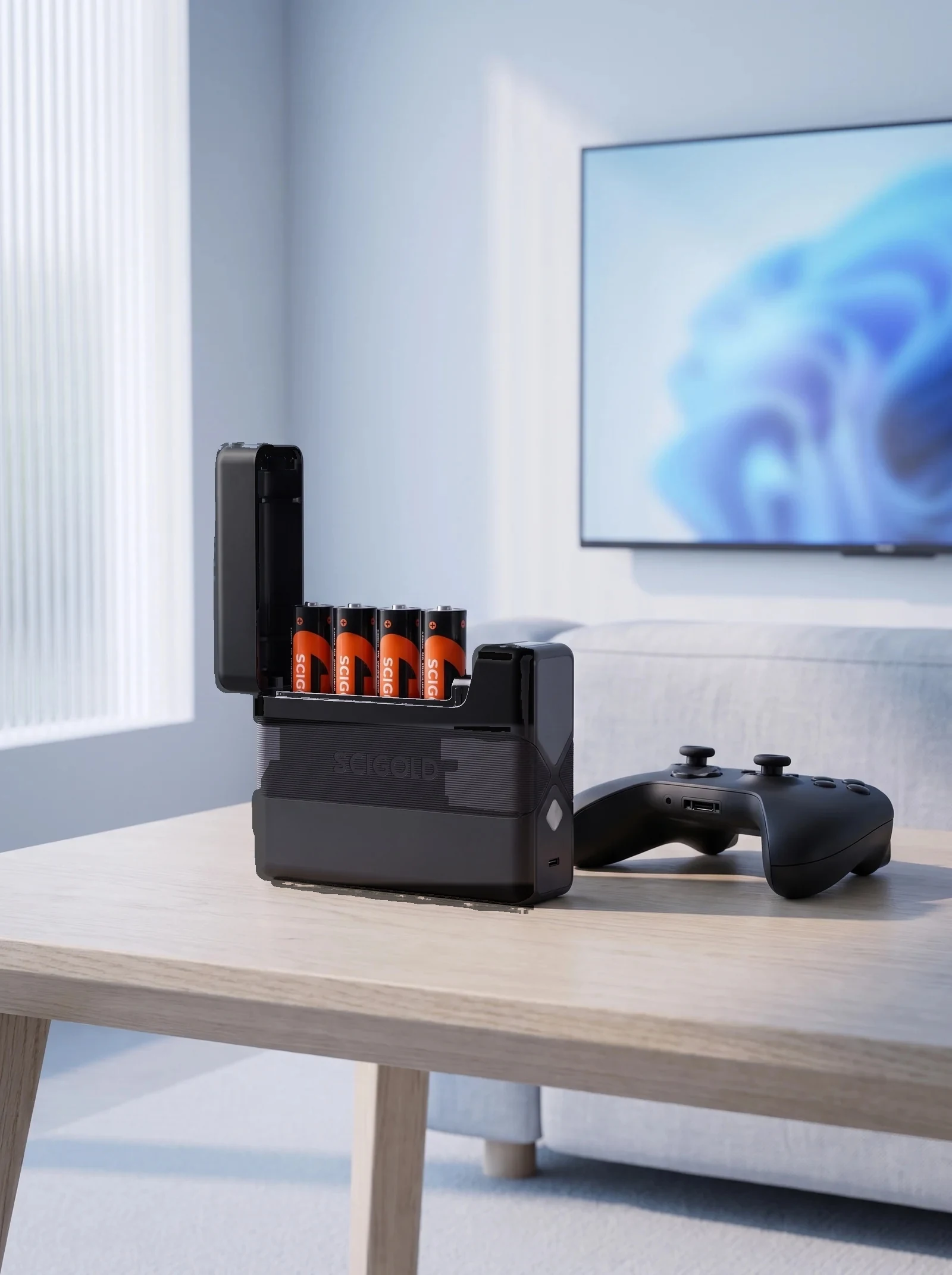 SCIGOLD Pocket Charging Case with four AA cells on a coffee table beside a game controller