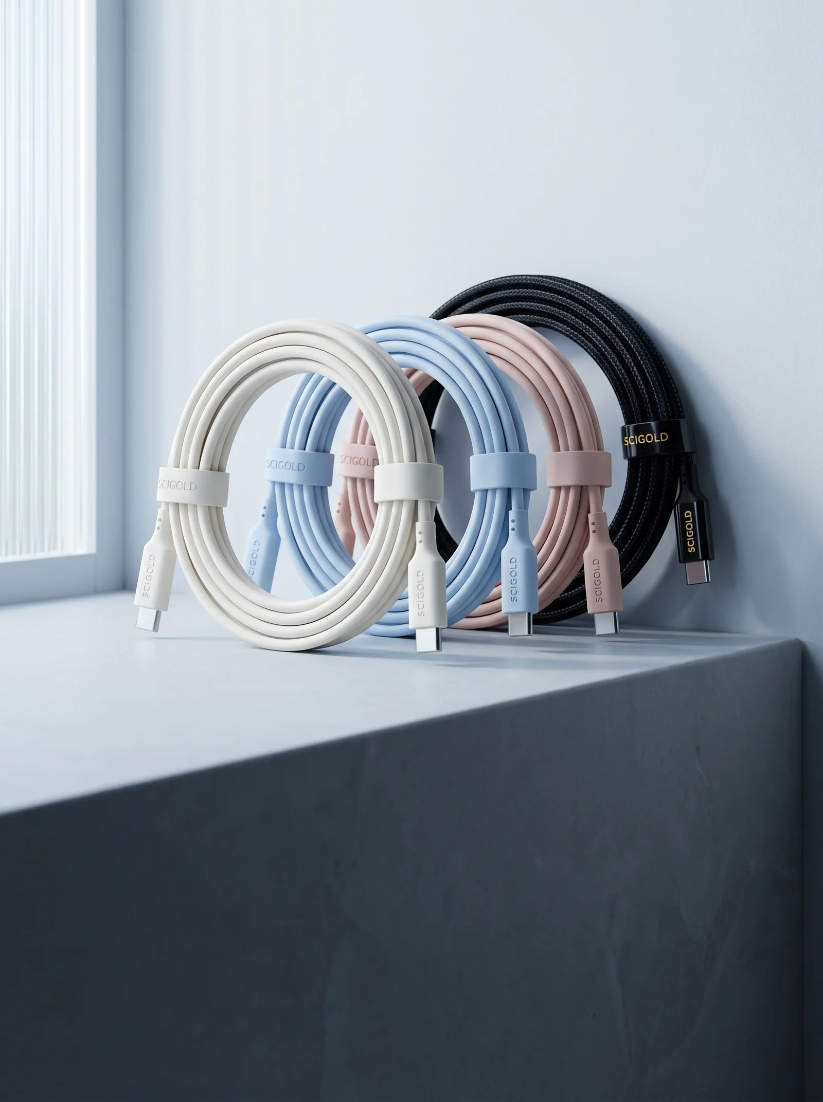 SCIGOLD silicone USB-C cables in cream white, baby blue and nude pink with the 240W braided cable