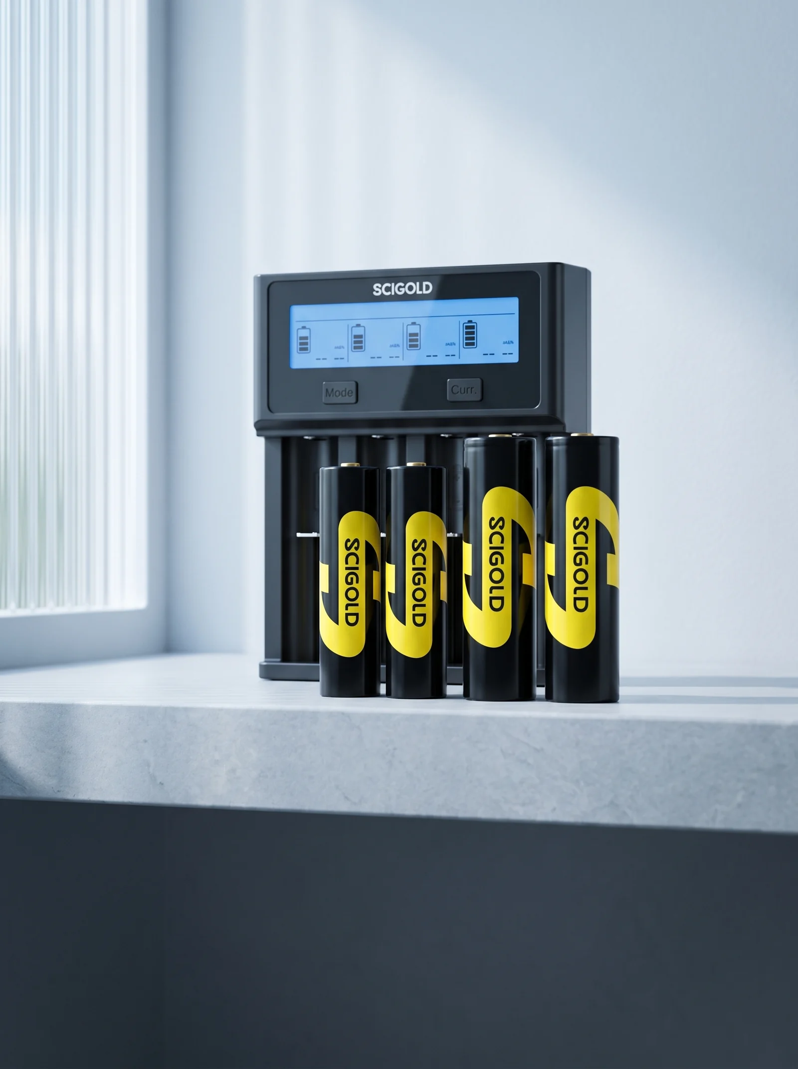 SCIGOLD 18650 and 21700 Li-ion cells in front of the Bench Dock four-bay LCD charger