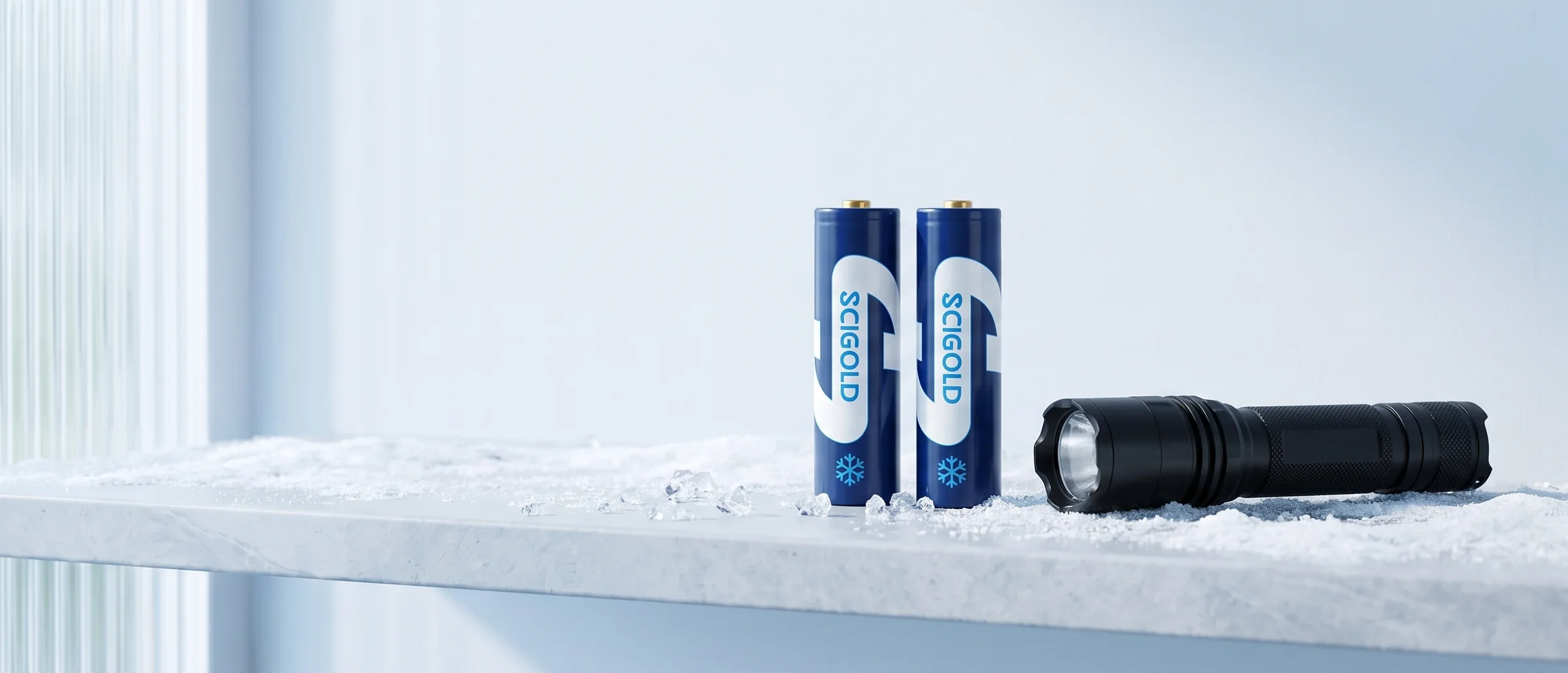 Two SCIGOLD Cold-Weather 18650 cells and a flashlight on a frosted stone shelf