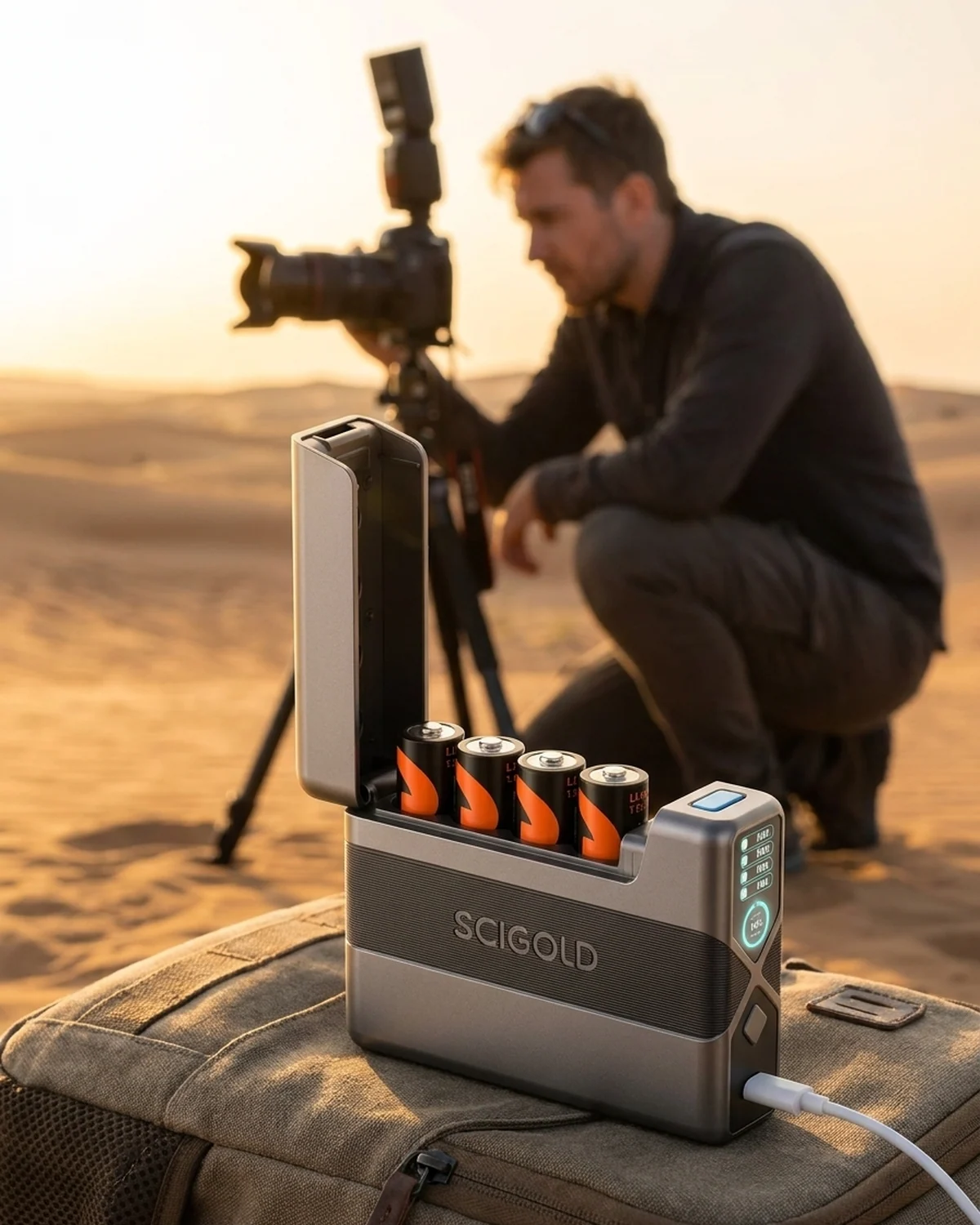 Professional photographer on location with charging case