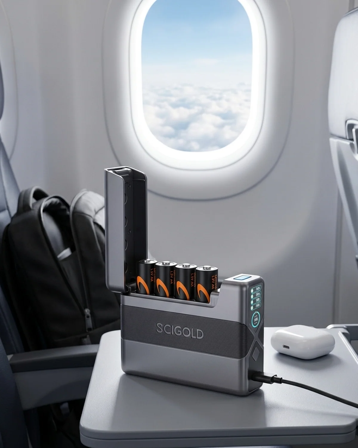 Travel scene with SCIGOLD charging case in airplane backpack