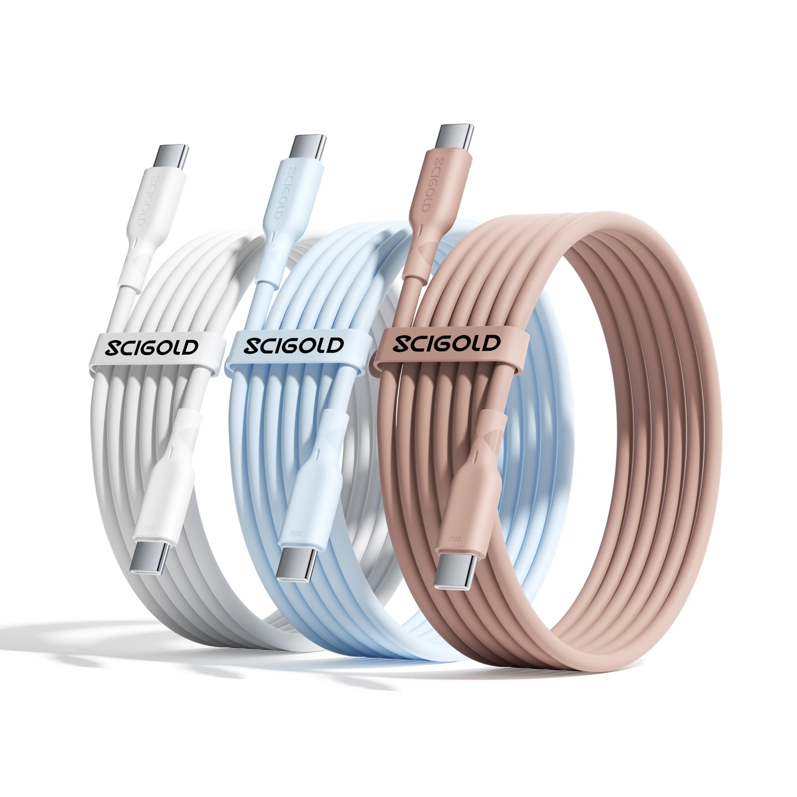 SCIGOLD silicone USB-C cables in Cream White, Baby Blue and Nude Pink