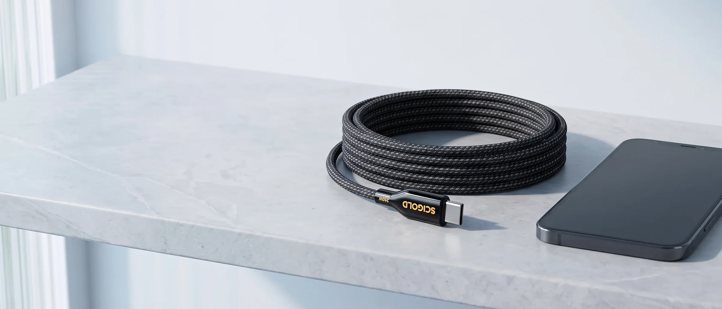 The SCIGOLD 240W magnetic braided cable in a neat coil on a stone shelf beside a phone