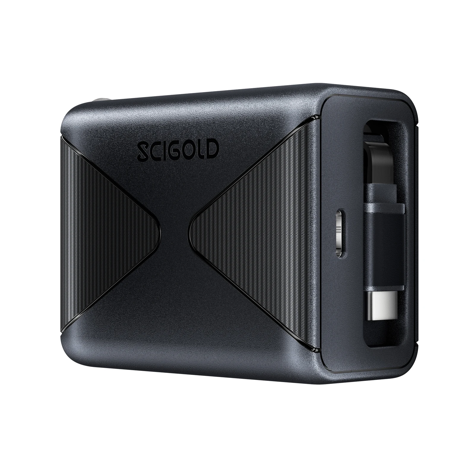 The SCIGOLD 45W charger with retractable cable, seen from the side