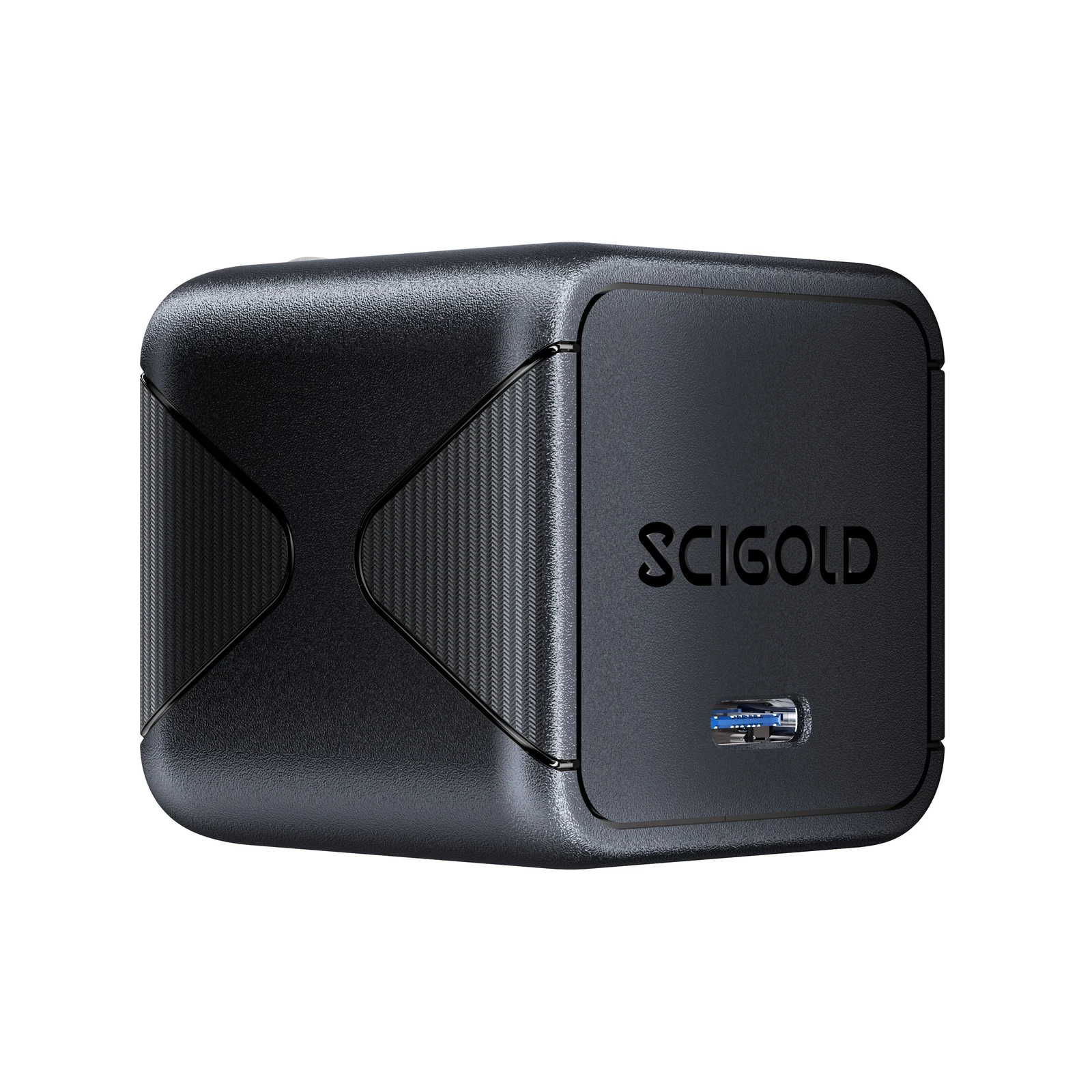 The SCIGOLD 45W charger seen from the side, with its ribbed X pattern and wordmark